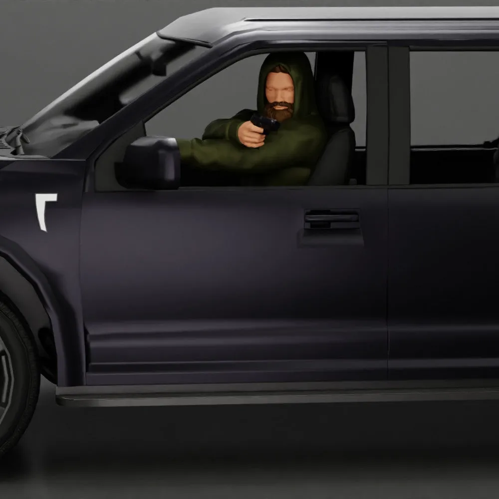 gangster in hoodie driving a car and holding gun