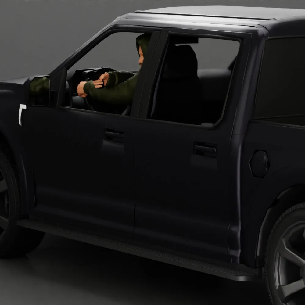 gangster in hoodie driving a car and holding gun