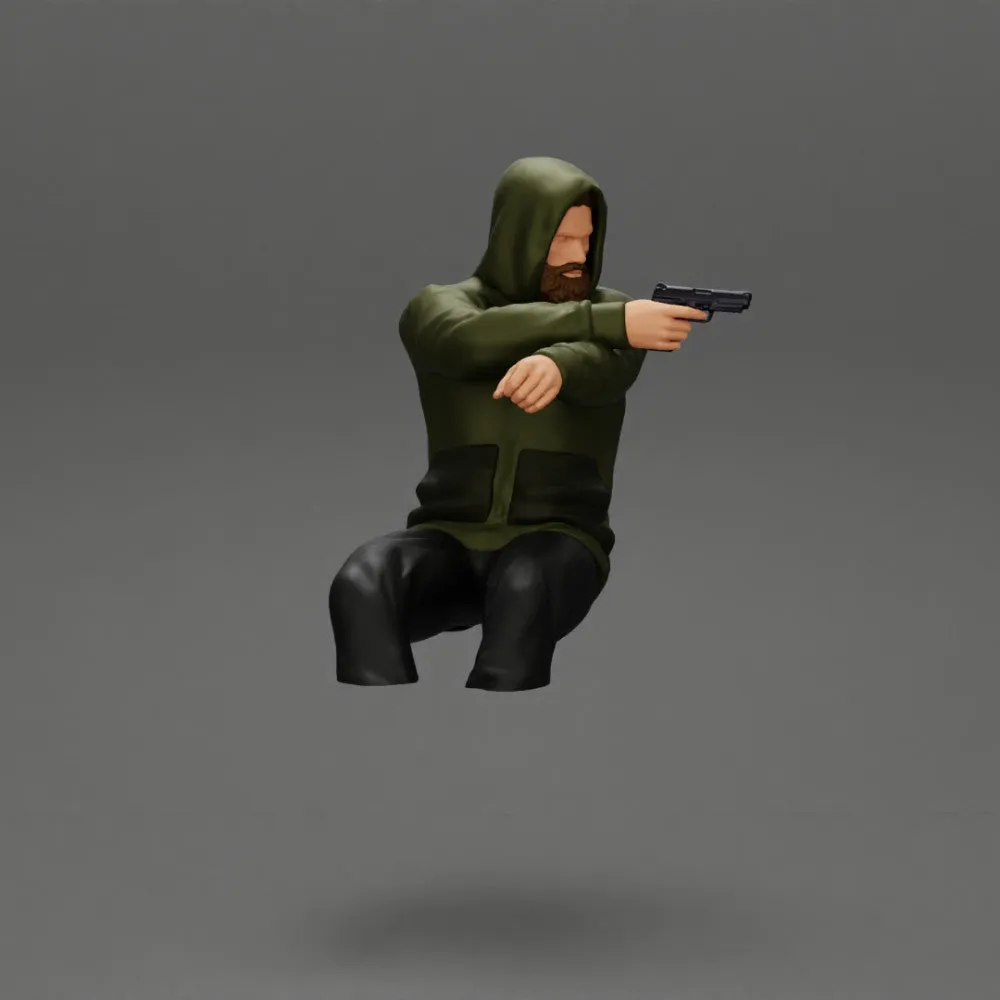 gangster in hoodie driving a car and holding gun