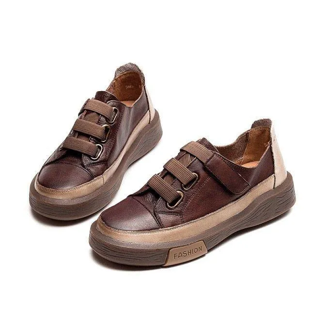 Leather Brown Vulcanized Sneakers Flats Women's Casual Shoes GRCL0227