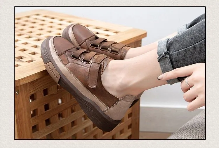Leather Brown Vulcanized Sneakers Flats Women's Casual Shoes GRCL0227