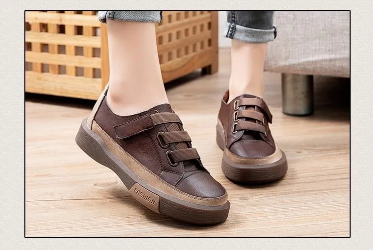 Leather Brown Vulcanized Sneakers Flats Women's Casual Shoes GRCL0227
