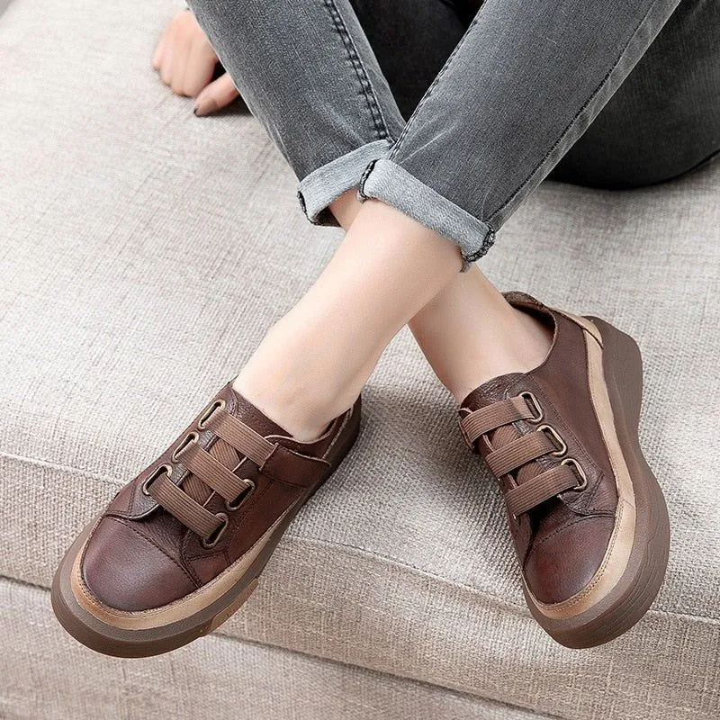 Leather Brown Vulcanized Sneakers Flats Women's Casual Shoes GRCL0227