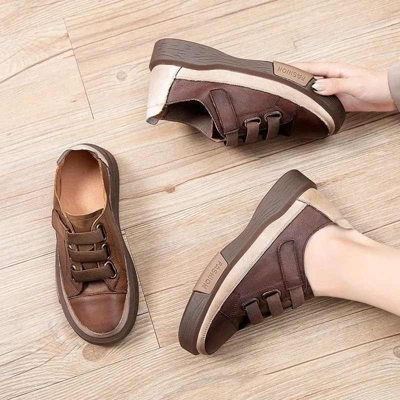 Leather Brown Vulcanized Sneakers Flats Women's Casual Shoes GRCL0227