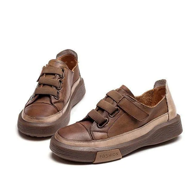 Leather Brown Vulcanized Sneakers Flats Women's Casual Shoes GRCL0227