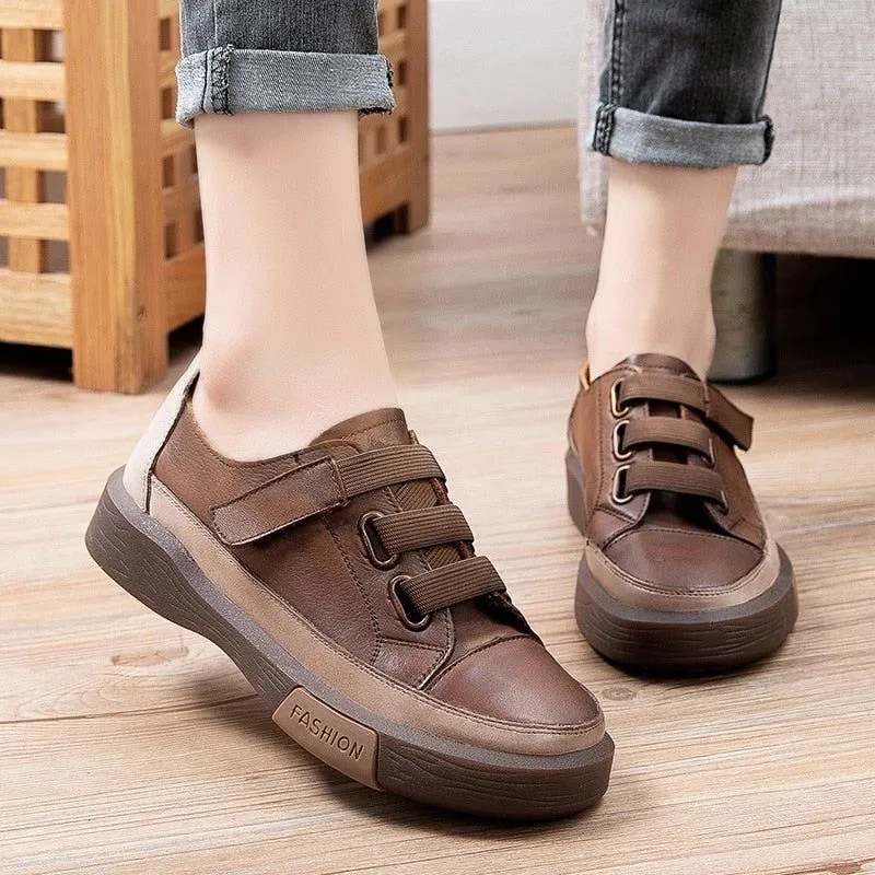 Leather Brown Vulcanized Sneakers Flats Women's Casual Shoes GRCL0227