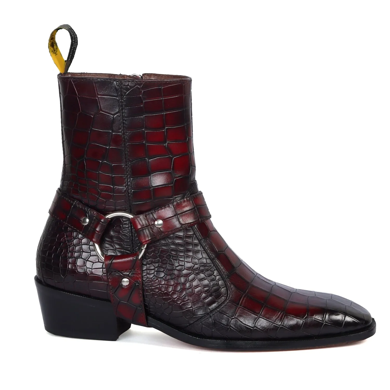 Removable/Adjustable Buckle Smokey Wine Perfect Cuban Heel Croco Textured Leather Boots