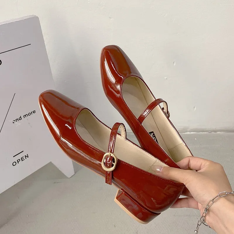 Spring Autumn Women Mary Janes Shoes Patent Leather Low Heels Dress Shoes Square Toe Shallow Buckle Strap Girls Shoes 8828N