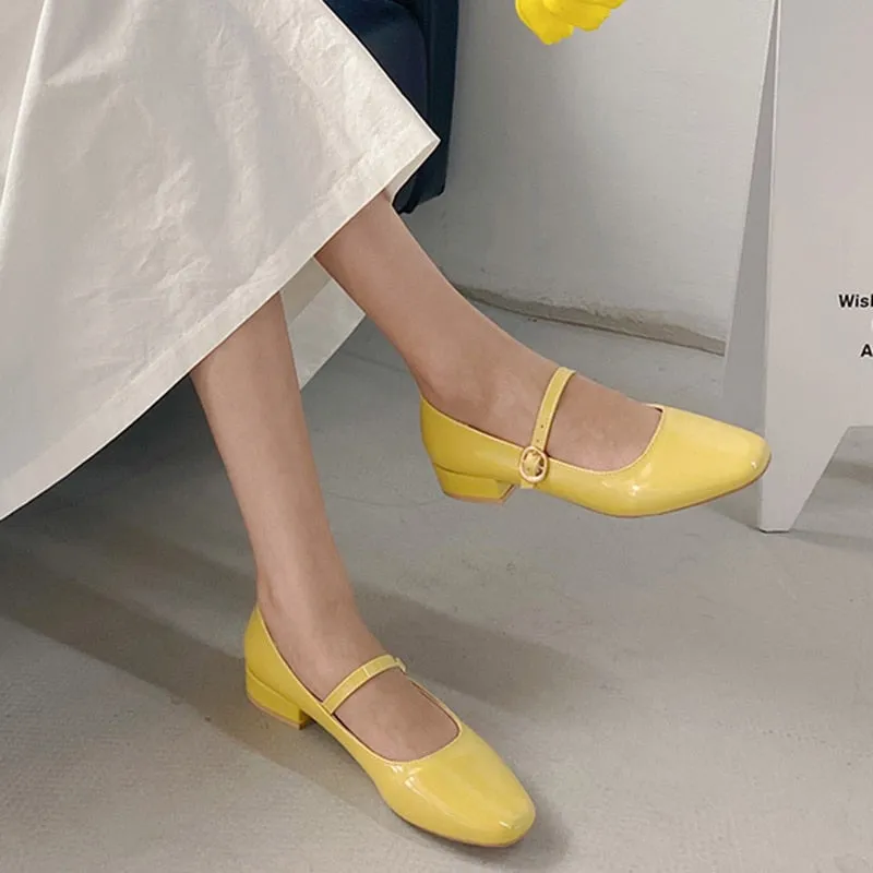 Spring Autumn Women Mary Janes Shoes Patent Leather Low Heels Dress Shoes Square Toe Shallow Buckle Strap Girls Shoes 8828N