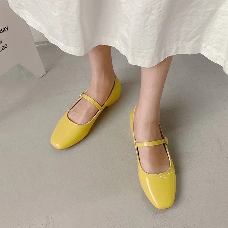 Spring Autumn Women Mary Janes Shoes Patent Leather Low Heels Dress Shoes Square Toe Shallow Buckle Strap Girls Shoes 8828N