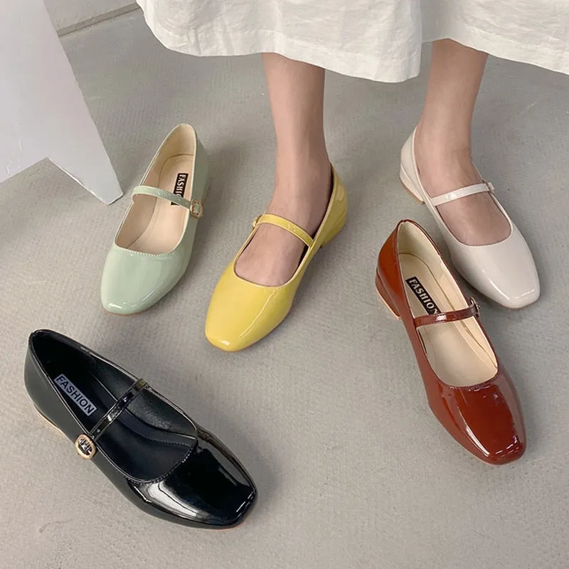 Spring Autumn Women Mary Janes Shoes Patent Leather Low Heels Dress Shoes Square Toe Shallow Buckle Strap Girls Shoes 8828N